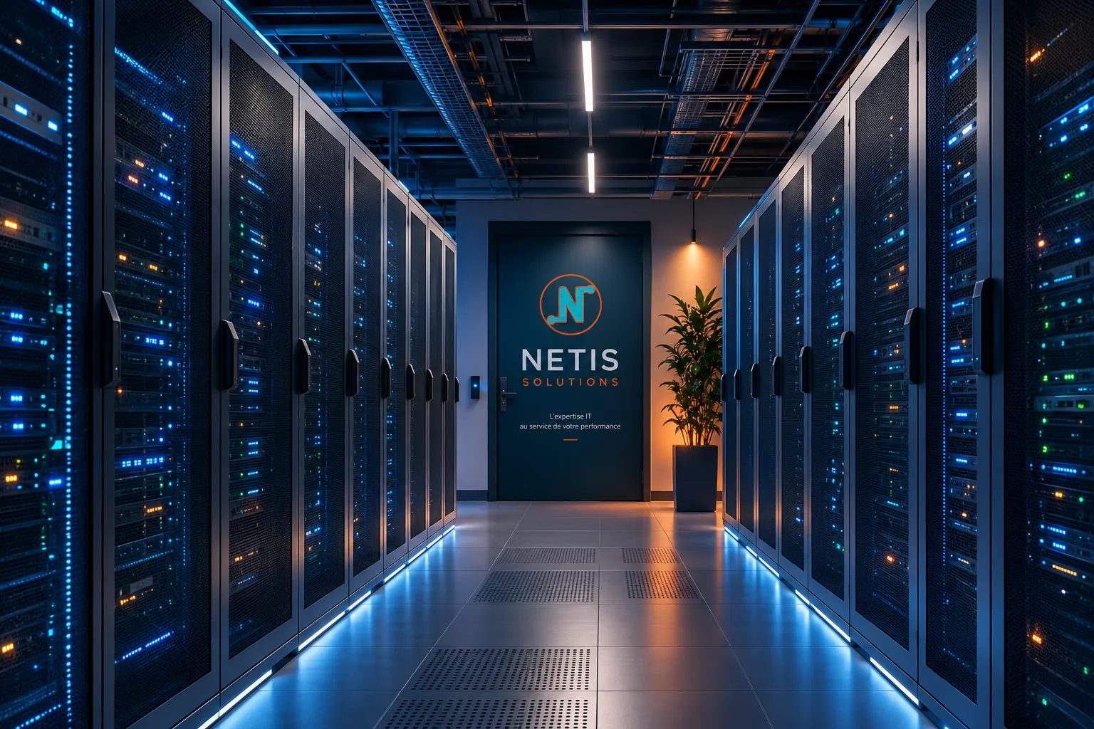 Couloir de datacenter menant à une porte marquée du logo Netis Solutions
